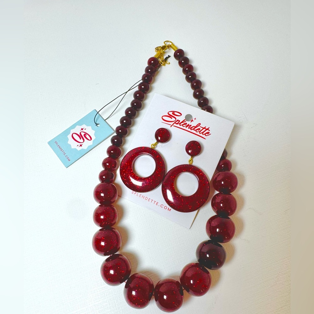 Splendette Set Red Glitter necklace with Drop hoop earring NWT
